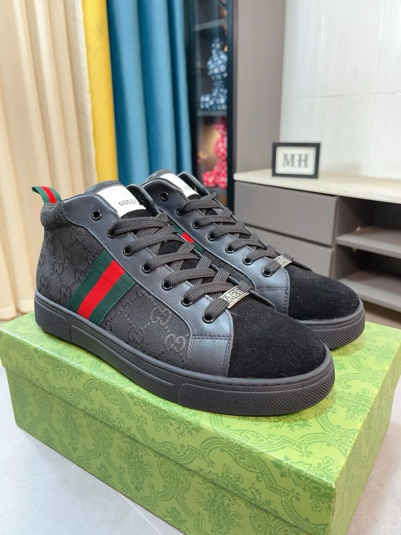 Men's shoes 💰440🌹🌹GUCCI [Gucci] New high-top men's shoes, a high-end brand, the latest fashionable casual men's shoes, trendy and versatile, relaxed and sporty style, uppers imported from Italy, first-layer cowhide, genuine leather lining, and ultra-fine workmanship. Original personalized fashionable rubber wear-resistant outsole, light and comfortable on the foot, size 38-44